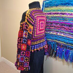 Sweater and Scarf Colorful Granny Square Turtleneck with Ruffles M.L